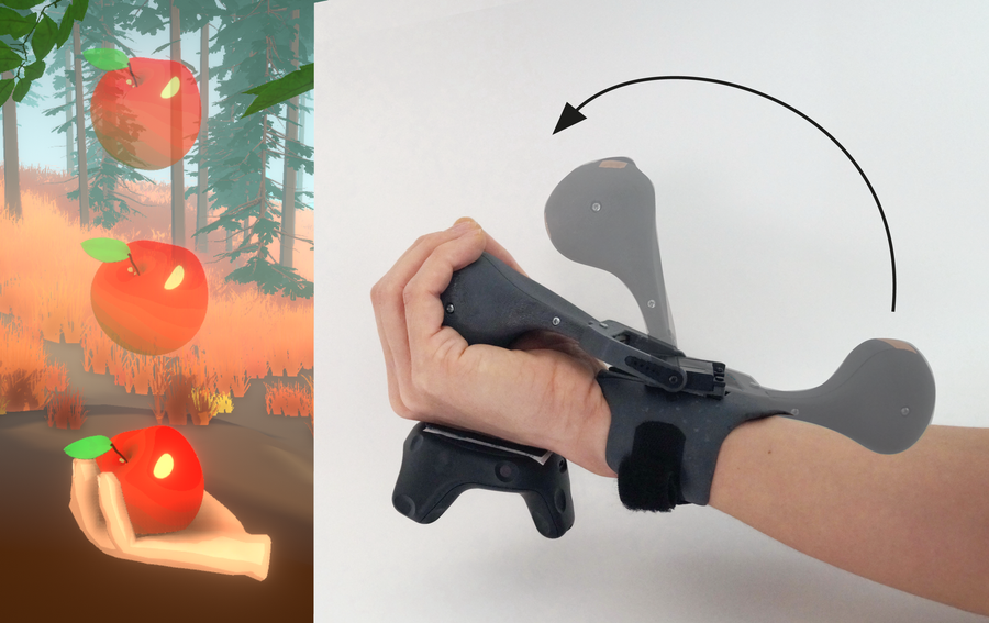 'An image of the wristworn Haptic Pivot device used in Virtual Reality to catch an apple falling from a tree. The device is worn by a user and renders the haptic sensation of an object falling into the users hand.'