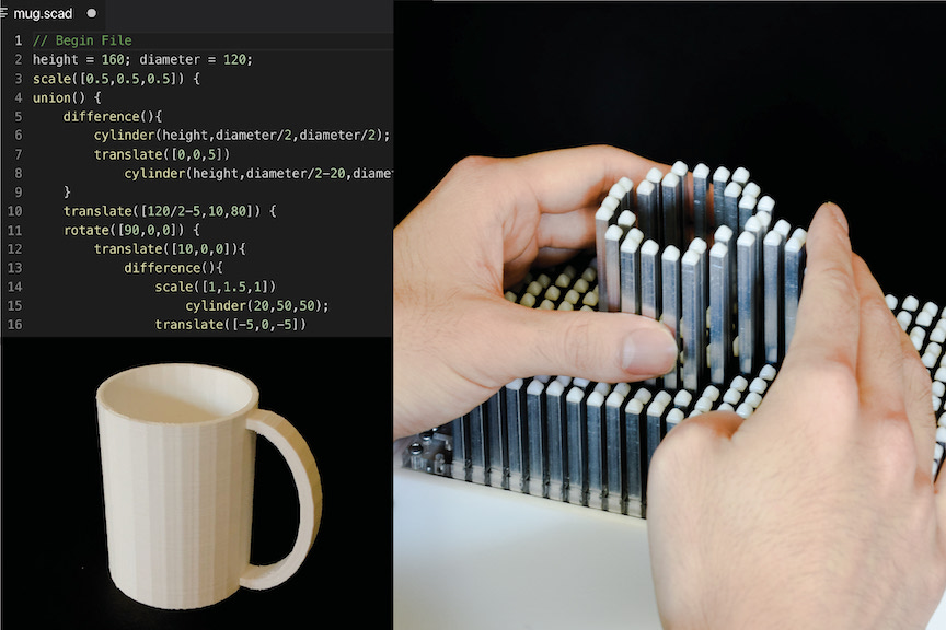 Three images representing the CAD workflow showing  a script for rendering a 3D model of a cup, a cup rendered in a 2.5D shape display, and a cup 3D printed