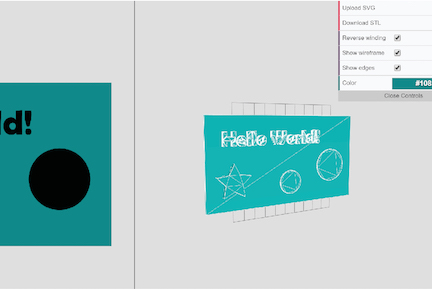 SVG2STL conversion tool screenshot.  On the left an image of a 2D outline and on  the right the converted model in 3D.
