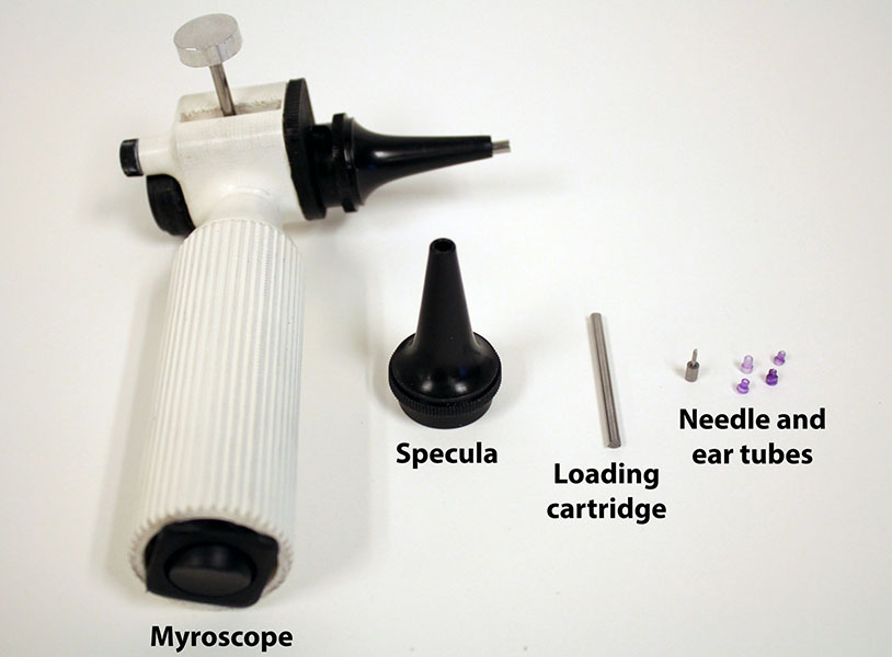 Myroscope components: the device handle, specula, ear tubes, and a loading cartridge.