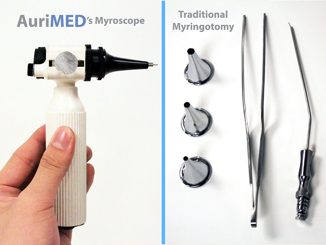An image of the Myroscope device on the left and the four traditional myringotomy tools.