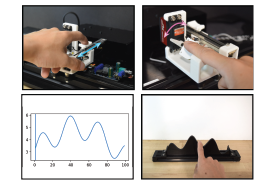 Four images: a) Slide-tone. Shows a motorized slider  with a mounted platform and a finger sliding on the platform.  b) Tilt-tone. Shows a motorized tilt platform and a  finger resting on the tilting platform. c) labelled visual  graph shows a line graph with three distinct peaks.  d) laser-cut cutout. Shows a physical cut-out of the  same line graph and a user's hand exploring the cutout. 